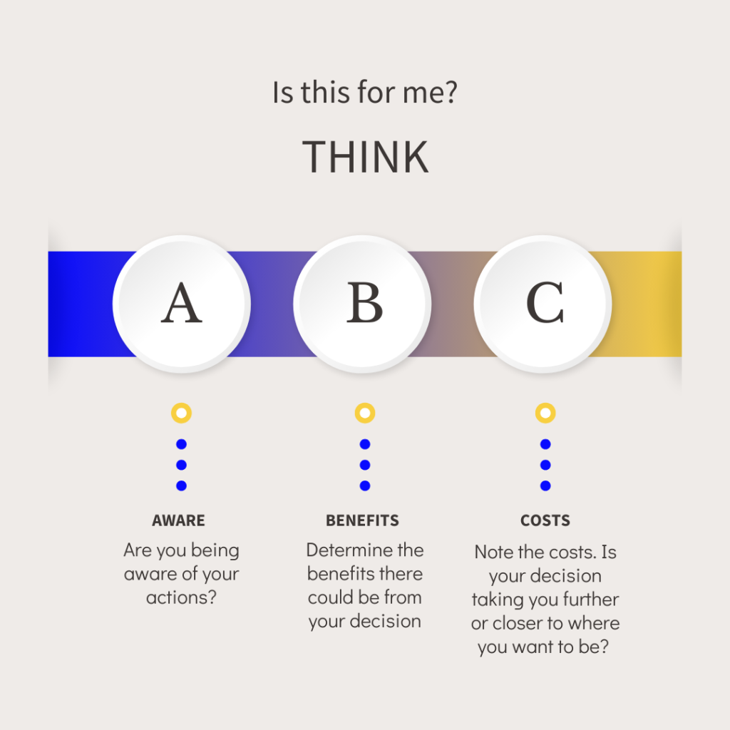 Image describes a three step process to decision making - be aware, consider the benefits and note the costs. 